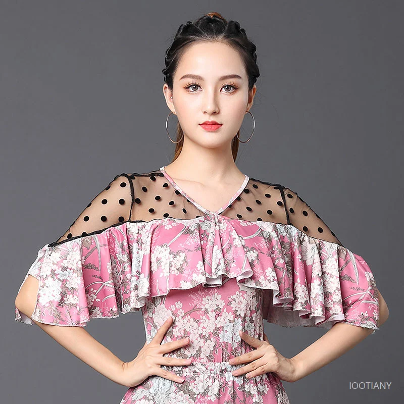 

Dancewear Top Women National Standard Dance Ruffled Sleeves Printing Latin Dance Costume Tops Samba Waltz Ballroom Practice Wear
