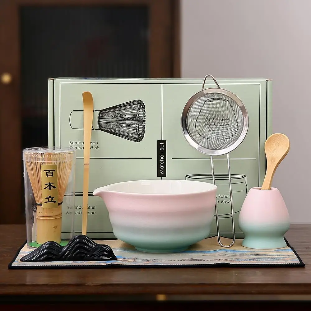 8-teiliges japanisches Matcha-Tee-Set: Chawan-Schale, Bambusbesen, Teelöffel, Besenhalter, Pulverschaufel, Sieb, Ständer & Baumwolltuch für Teeliebhaber – Werkzeuge zur Teezubereitung