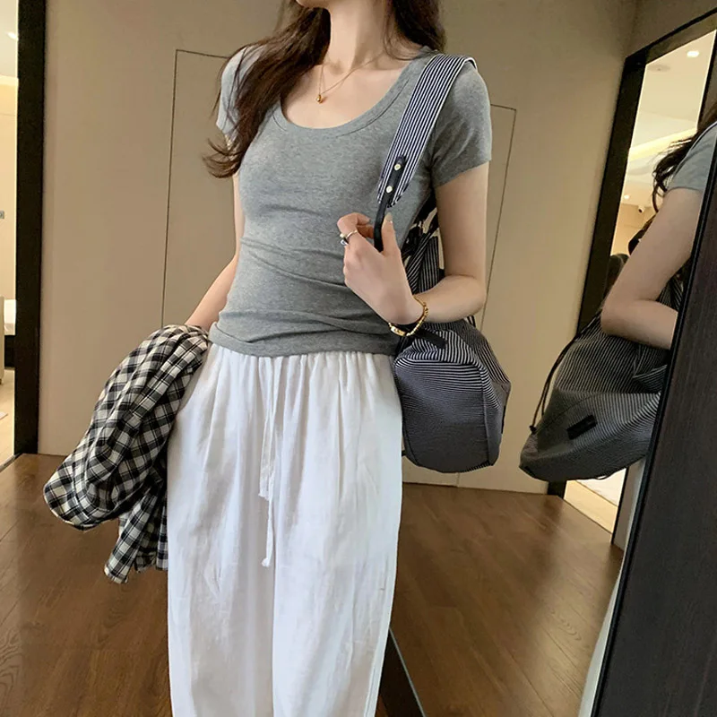 Camiseta informal de algodón para mujer, camisetas de manga corta, ropa de moda para mujer, camiseta básica ajustada con