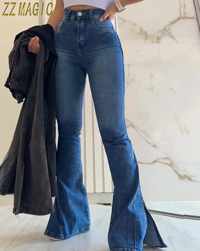 

High Waisted Stretch Flare Jeans Women Denim Pants Wide Leg Butt-lifted Casual Korean Style Y2k Skinny Bell Pocket Trousers