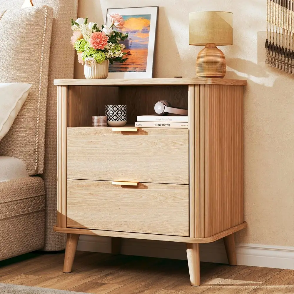 

Современная прикроватная тумбочка из дуба с зарядной станцией, изогнутым дизайном и удобным хранилищем для вещей, для спальни