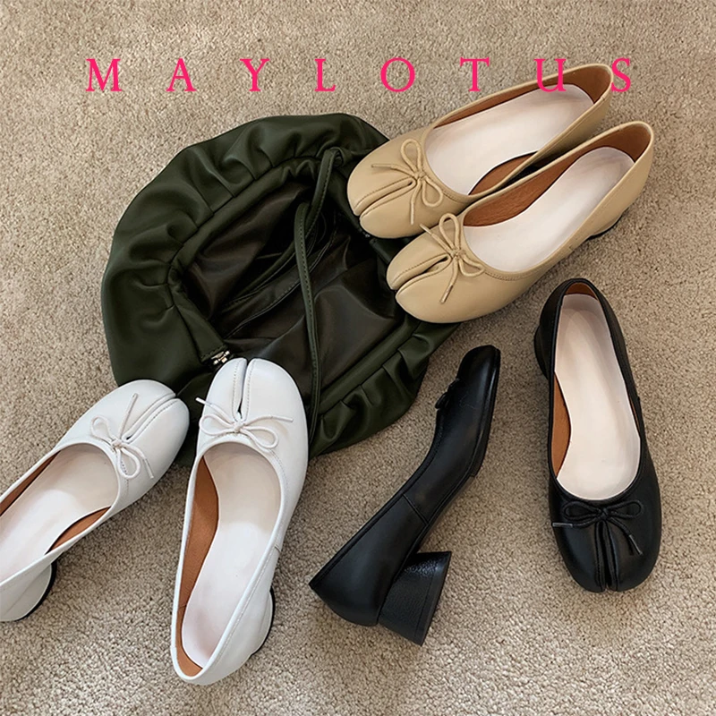 Split Toe 3cm Heel Tabi  Shoes Slip On Leather Comfy Shoes Soft Bottom solid Ladies Moccasins with Bowknot image 2