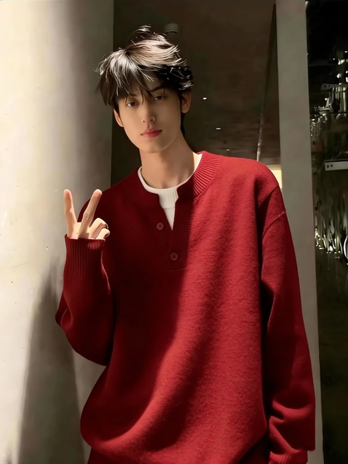 

Red Henry Collar Thiened Knitted Sweater Men's Winter Base Layer irt Casual Sle Comfortable Soft Polyester Fiber