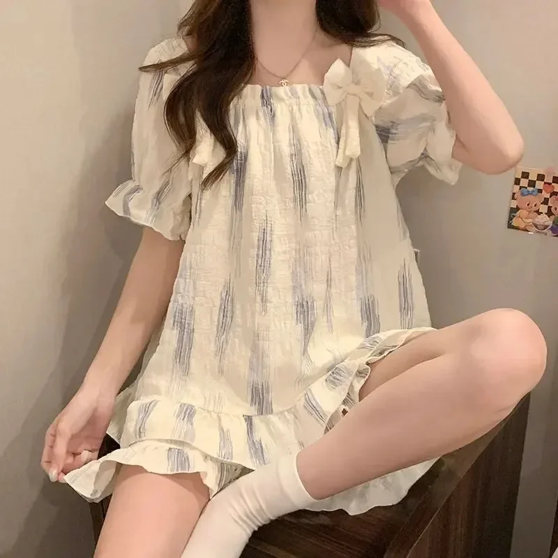 French Aesthetic Women Sleepwear With Built-in Chest Pads Slash Neck Bow Design Women's Pajamas Set Casual Homewear Loungewear