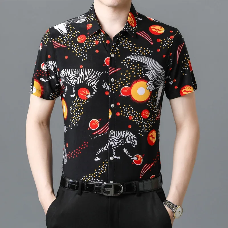 Camisa estampada de manga corta de seda de hielo para hombre, camisa informal resistente a las arrugas, novedad de verano
