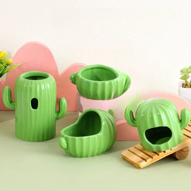 New Hamster Food Tub Bathtub Ceramic Pet Nest Cactus Shape Water Bottle Drinker Holder Hamster Small Pet Supplies