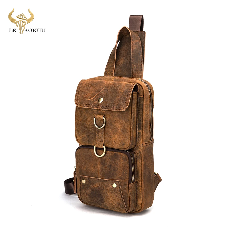 

Best Sell Thick Genuine Leather Retro Sling Chest Bag 8" Tablet Design One Shoulder Strap Cross-body Bag For Men Male 8021