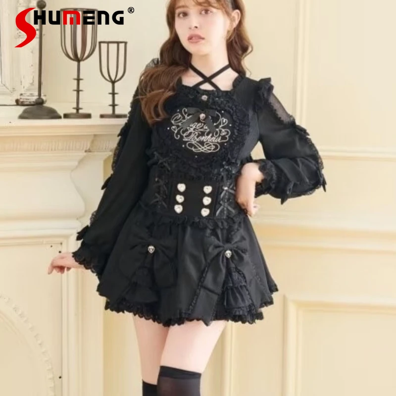 

Japanese Mines Style Mass-Produced Sweet Cute Lolita Embroidery Lace Big Heart Cross Strap Long Sleeve Shirt Blouse for Women
