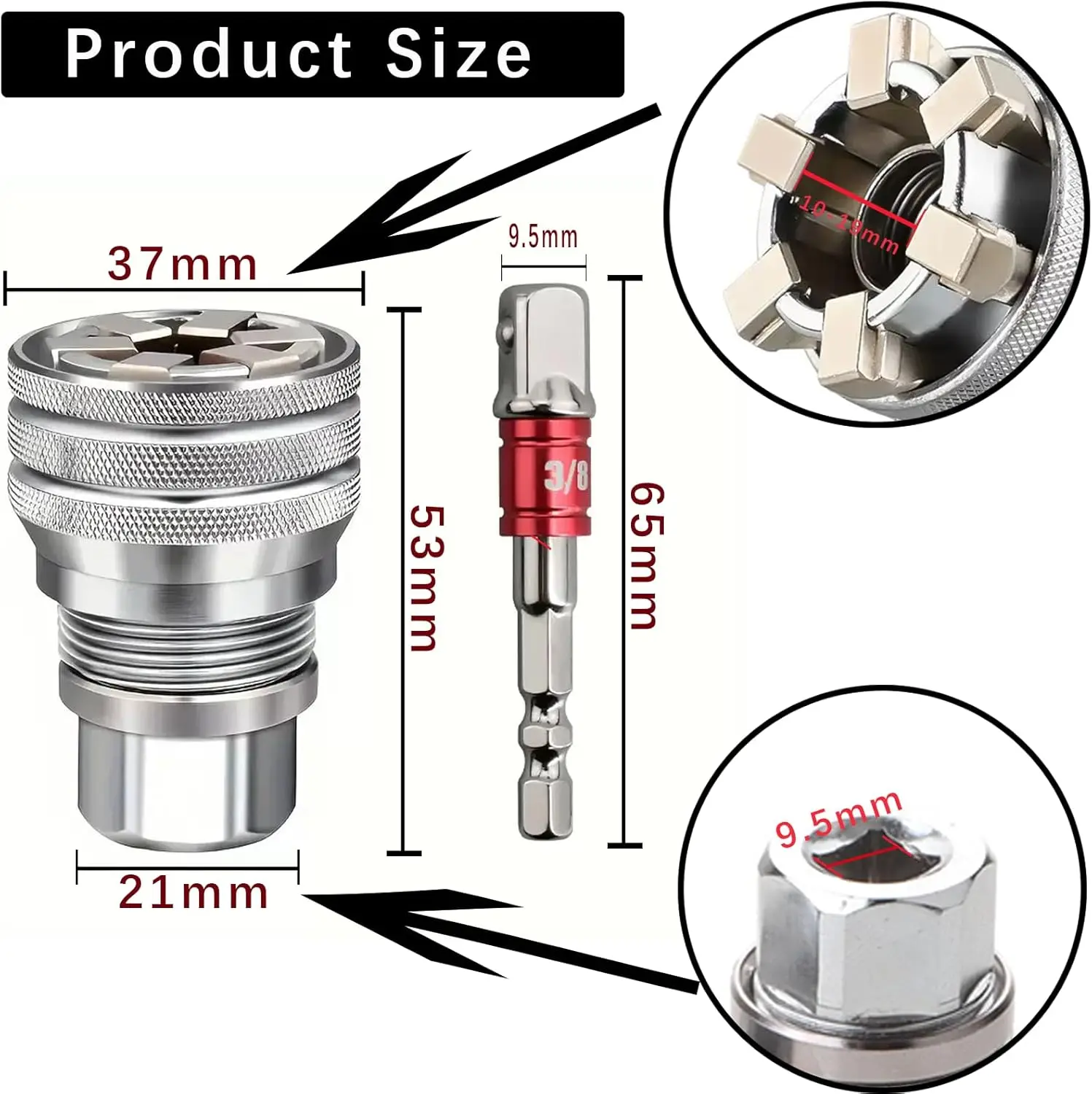 10–19 mm universeller verstellbarer Steckschlüssel, multifunktionale Hülse für 3/8 Zoll Ratschen-Drehmomentschlüssel, elektrische Bohrmaschine, Handwerkzeug – Detail 2