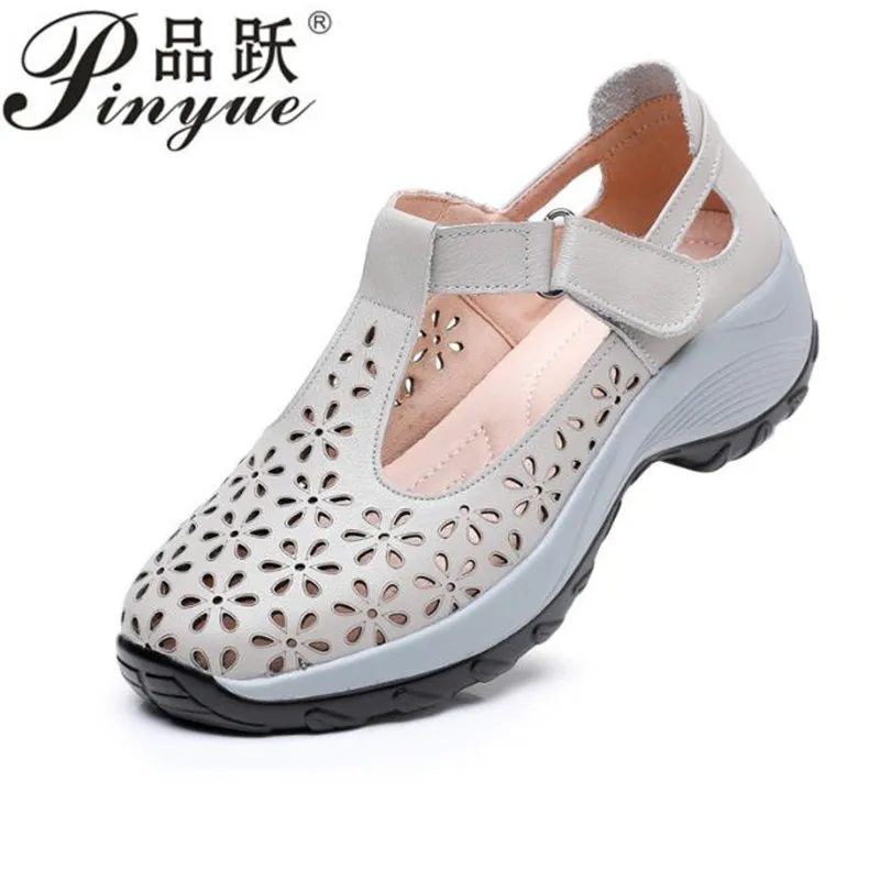 4cm Summer Genuine Leather Hollow Shoes Woman Sandals Casual Mother Wedges Soft Sole Comfortable Non-slip Sneakers  35 40