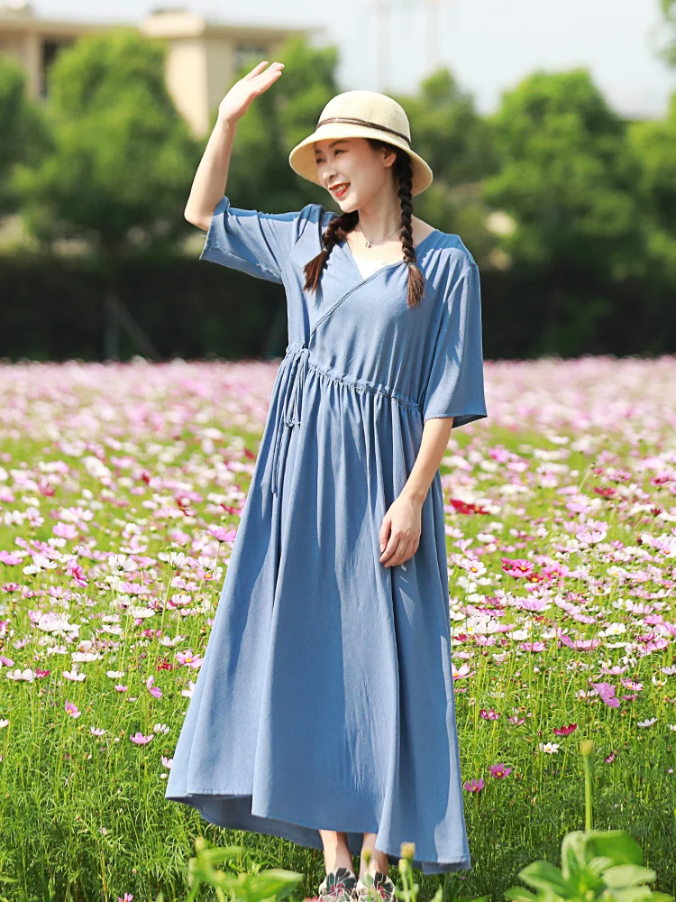 

Длинная юбка в стиле ханьфу с V-образным вырезом, синим узором, для похудения, с завышенной талией, из полиэстера...