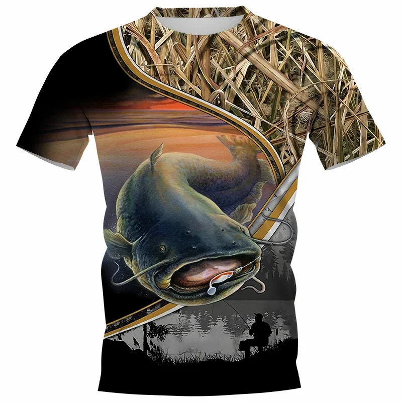 Summer popular carp pattern fishing full print men's and women's T-shirts 3D catfish print T-shirts Short sleeved casual street