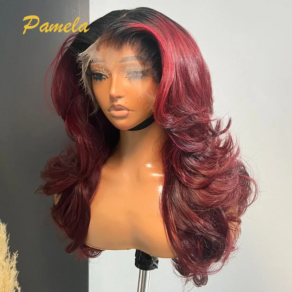 Burgundy 250% Density Wear and Go Glueless Wig Ombre 1B 99j Color Loose Wave 13x4 Lace Transparent Lace Frontal Human Hair Wigs