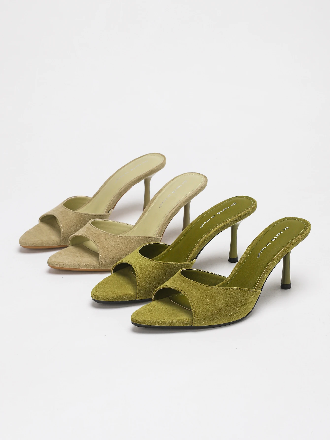 Women's Suede Pointed Toe Stiletto Heel Mules Slippers, Elegant Slip On Open Back Heeled Sandals, Olive Green/Beige, Summer Casu