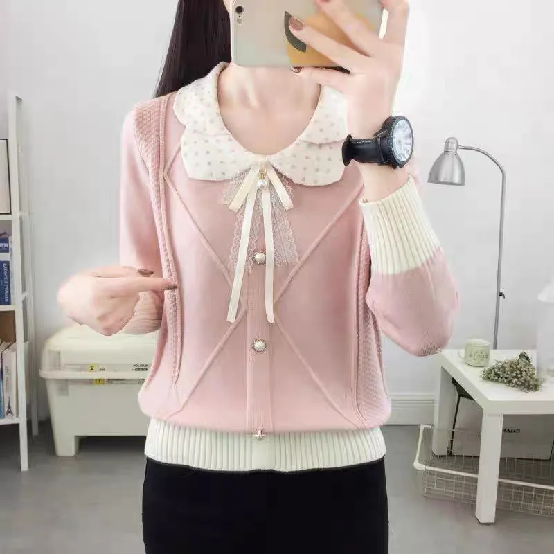 Maglione di fascia alta dopamina da donna colletto per bambola maculato fiocco dolce maglione pullover lavorato a maglia a maniche lunghe