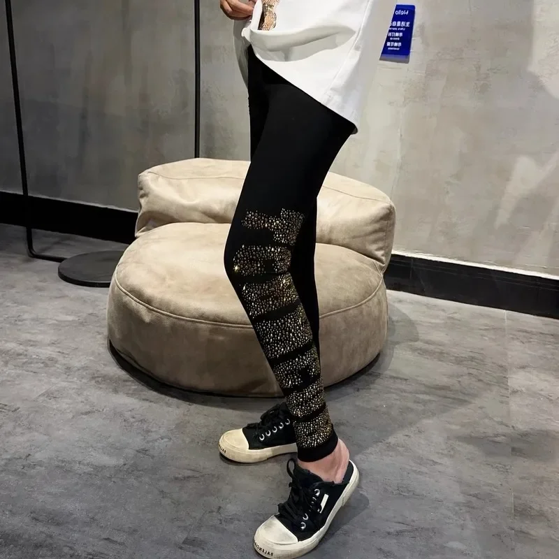 Hoge Kwaliteit Luxe Gouden Diamanten Vrouwen Leggings Letters Hot Boren Enkellange Yogabroek Stretch Strakke Slanke Potloodlegging