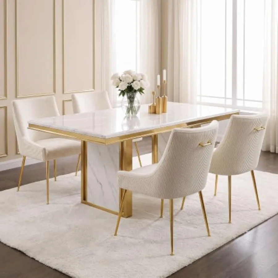 Velvet Dining Chairs 4 Gold Legs, Upholstered Velvet Accent Chairs, Pleated Back Design and Gold Pull Handle, Mid Century Moder