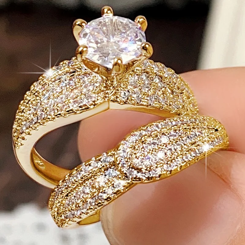 Huitan Gold Farbe Luxus 2 Teile/satz Ringe Mit Shing Zirkonia Für Frauen Hochzeit Party Engagement Phantasie Zubehör Schmuck