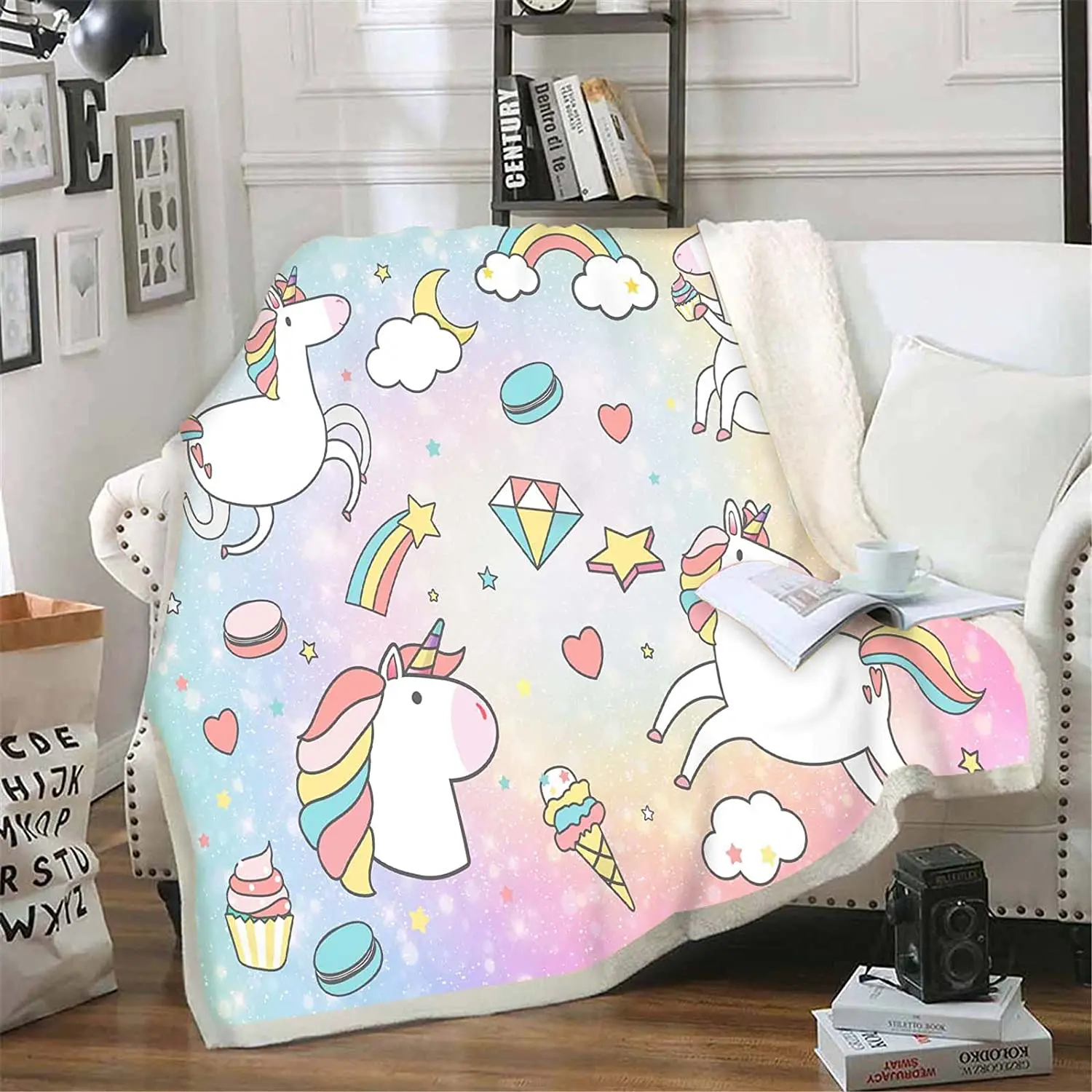 Kawaii Sleeping Unicorn Sherpa Blanket Rainbow Horn Cloud Print Soft Fleece Throw Blanket Kids Girls Bedroom Decor