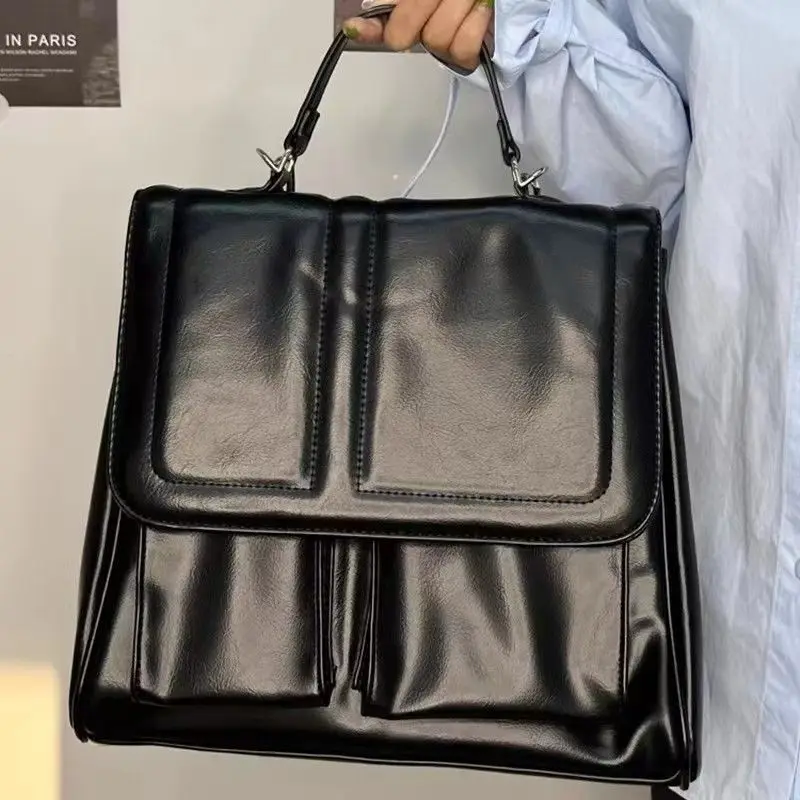 Women\'s Backpack Commuter Leather INS Fashion Double Shoulder Bag Student Large Capacity School Bags Handheld Flap Crossbody Bag