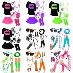 T Shirts Earring Tutu Skirt Gloves Beads Leg Warmer Hen Party Costumes Set Neon 80s Fancy Dress Halloween Costumes for Women