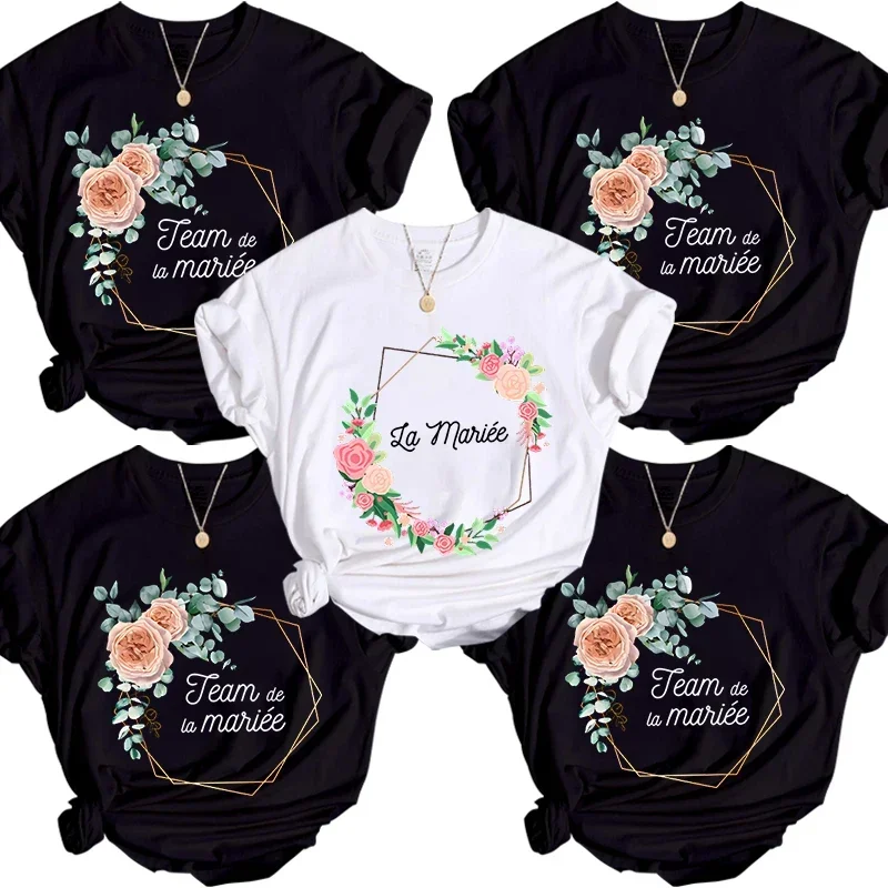 Floral Hoop Team Bride T-Shirt Garland La Mariee French T-shirts Women Bachelorette Wedding Party Tee