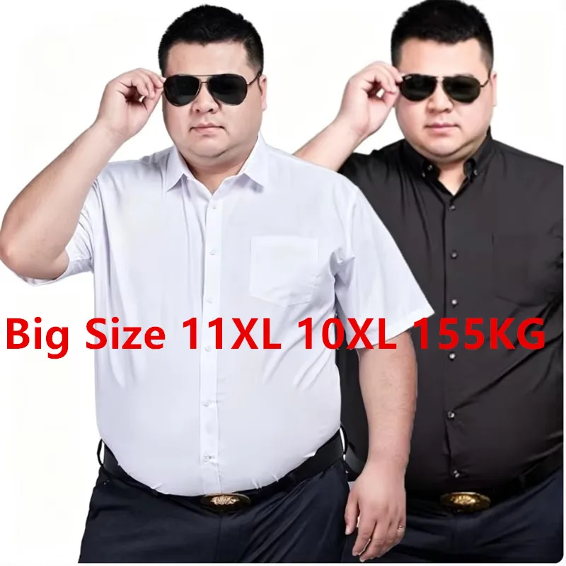Camisa Social Masculina Plus Size 11XL 10XL Casual Manga Curta Verão Versátil Preto e Branco Sarja Lisa Básica Formal 155KG
