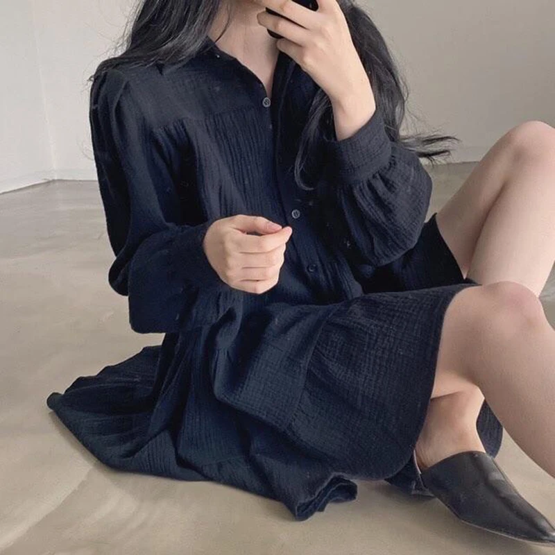 Korean Chic Long Sleeve Dress Women Loose Turn Down Collar Folds Simple Dress Fashion All Match Sweet Autumn Solid Vestidos