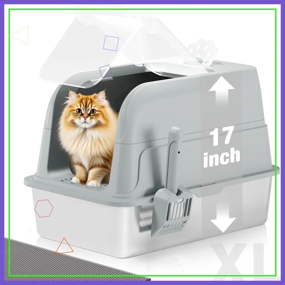 

Extra Large Stainless Steel Cat Litter Box, Fully Enclosed with Transparent Flip Lid, Scoop & Mat - Grey