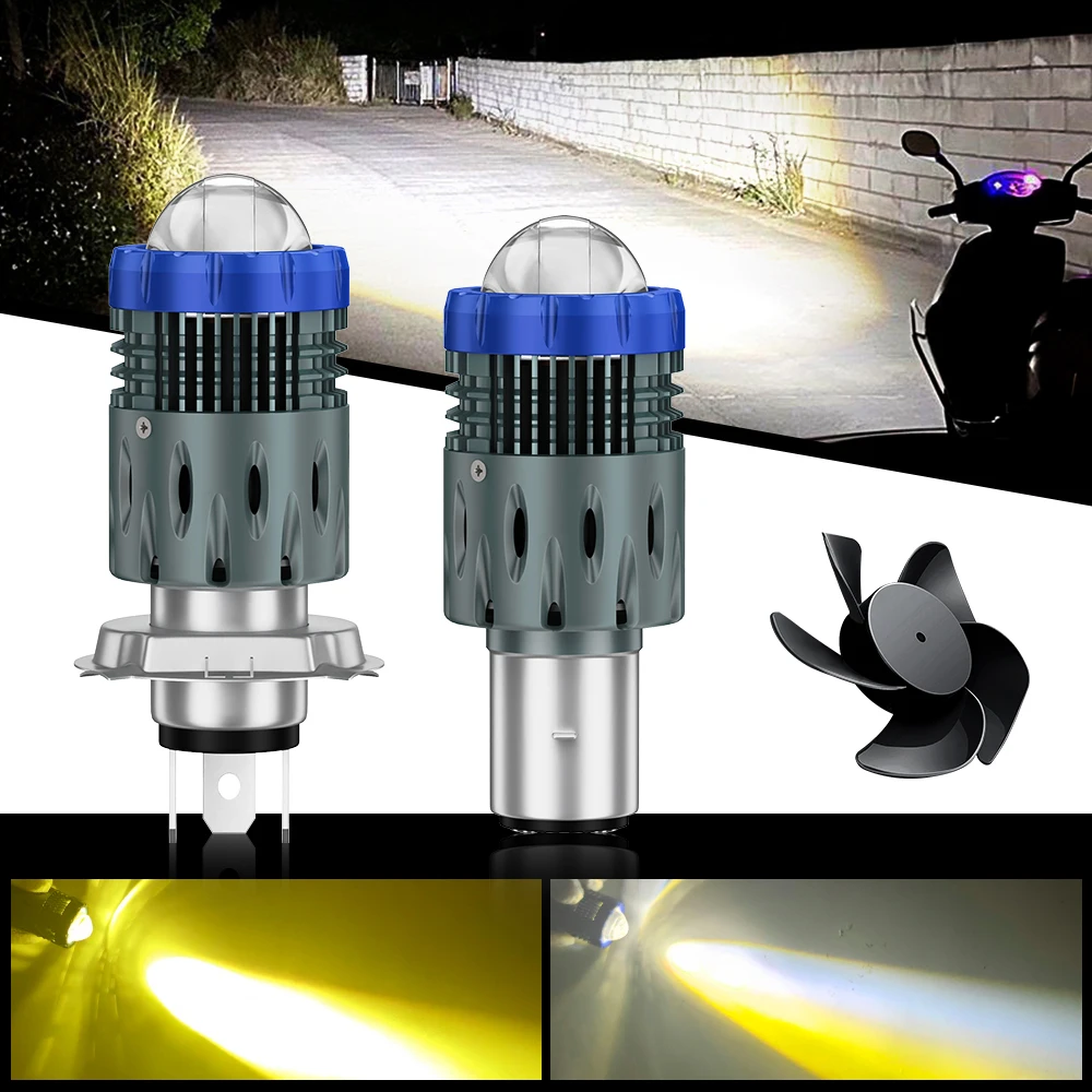 1PC H4 H6 Motorcycle LED Headlight Bulbs With Fan Dual Lens 12V 80V 3600LM High Brightness Spotlight Two-color High/Low Beam