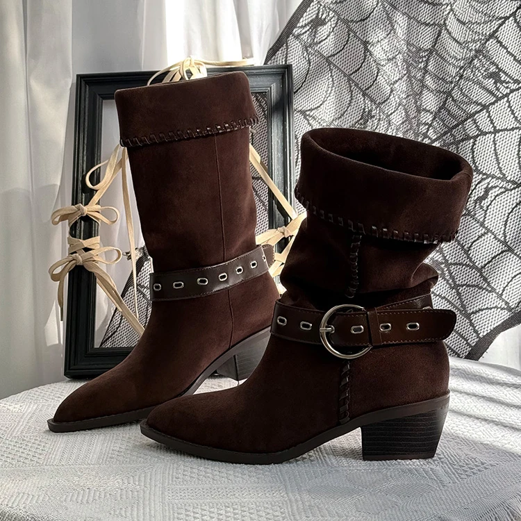 

Women's Brown Suede Mid Calf Boots Fashionable Slouchy Boots with Buckle Strap Detail 5cm Chunky Heel Boots for Autumn Winter