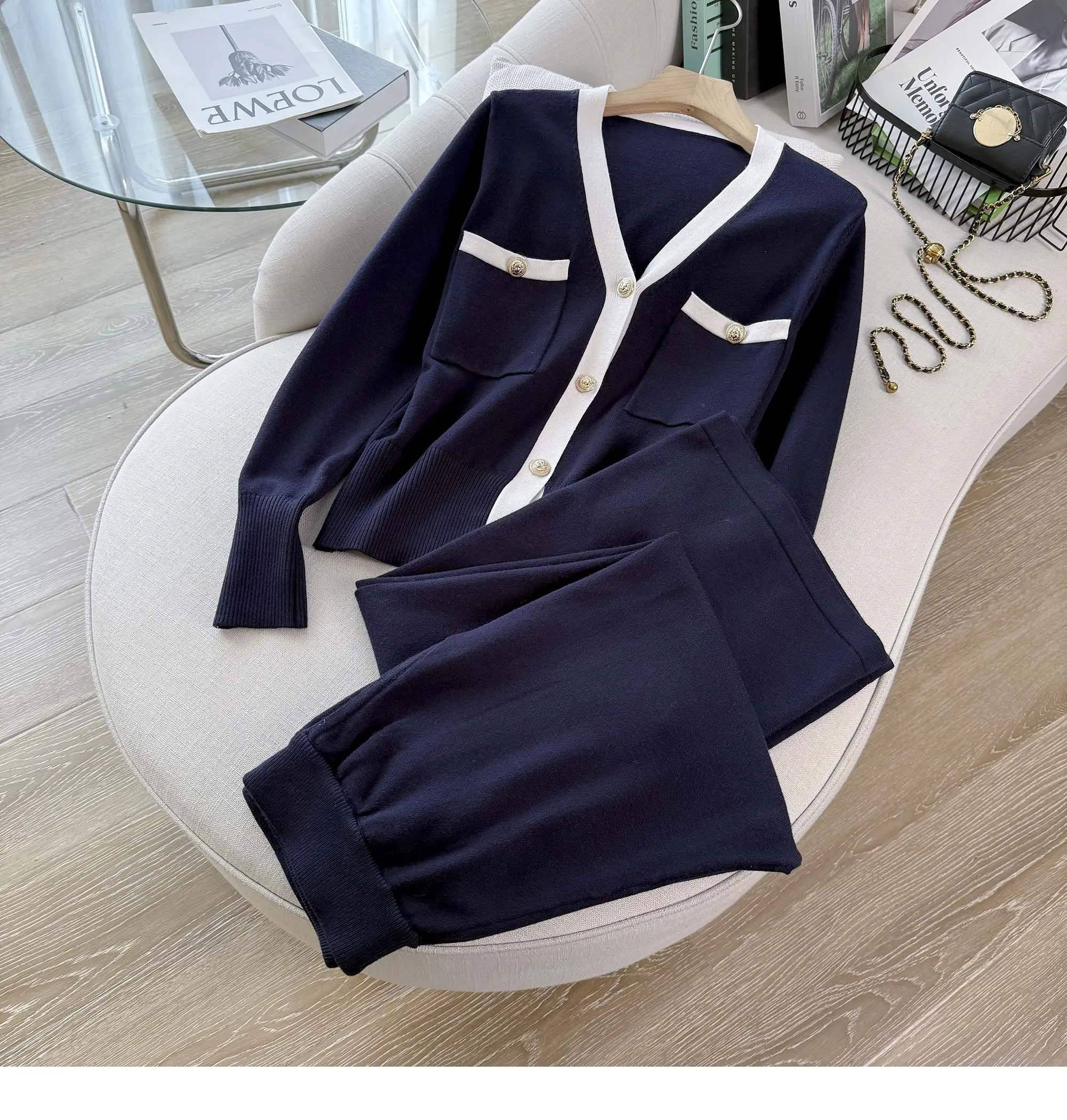 Creative Cross-Border New Product Long Sleeve Knitted Outerwear And Casual Knitted Long Pants Two-Piece Set Embroidered Horse Sp