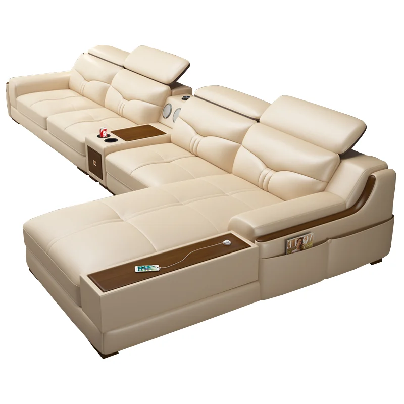 #Modern Luxury Living Room Sectional L-shaped Leather Sofa Set with USB Port Bluetooth Sound Sponge Filled Villa Ready