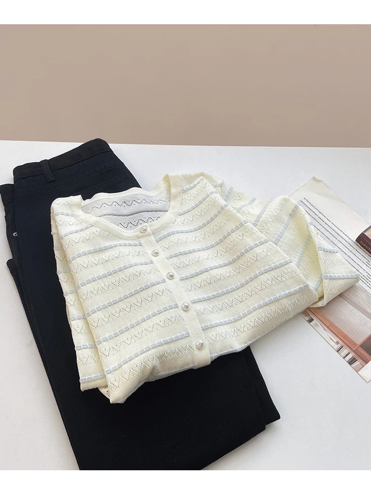 Elegant Korean Style Knitted Open Cardigan Women's Long Sleeve Striped Pearl Button Hollow out Soft Versatile Meat Concealing...