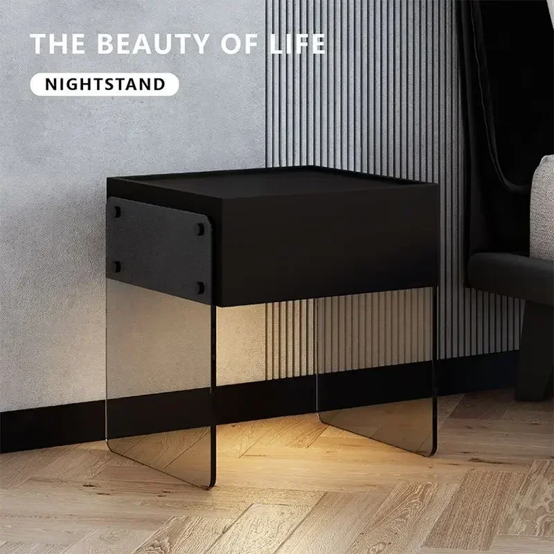 %ii Min High-end Bedside Table for Hotel Floating Glass with Drawer Nightstand Italian Light Luxury Night Table for Apartment