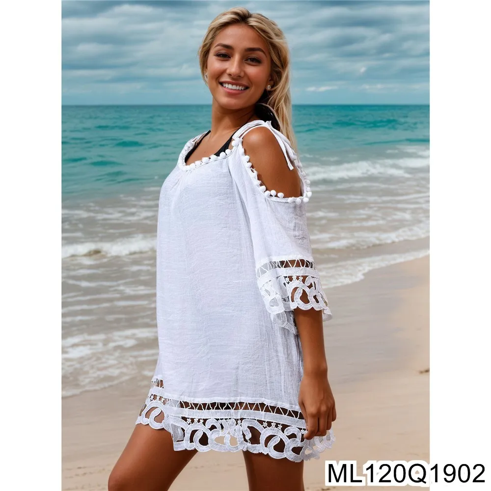 Abito da spiaggia sexy in tinta unita in pizzo scavato, abbigliamento casual ampio per la protezione solare da spiaggia per le vacanze, grembiule da bagno ML120Q19