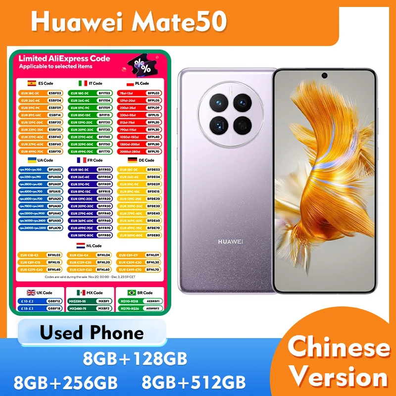 هاتف Huawei Mate50 4G 8GB RAM 128GB 256GB 512GB ROM الذكي 6.7 بوصة 2700x1224px CPU Qualcomm Snapdragon 8+ هاتف مستعمل