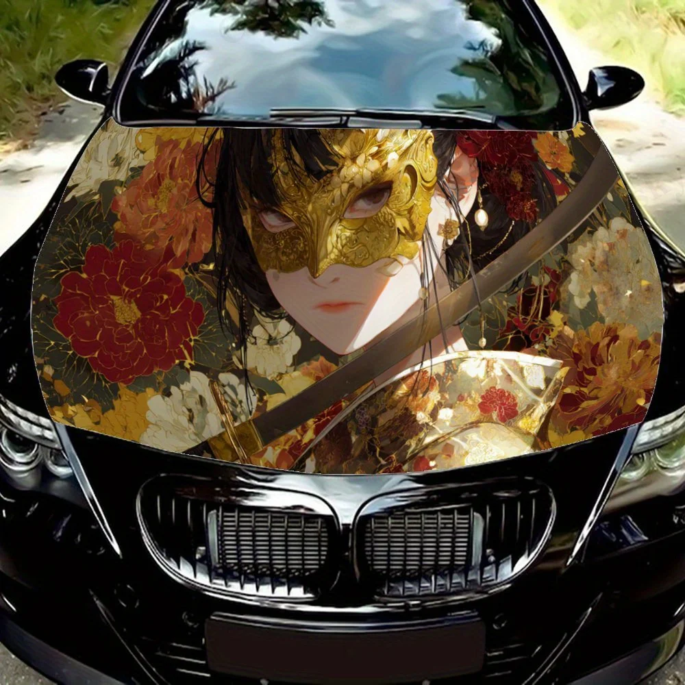 

Anime Girl with Gold Mask in Yellow Decal stickers for car hoods, stickers for decorating car covers, and vinyl wraps suitable f