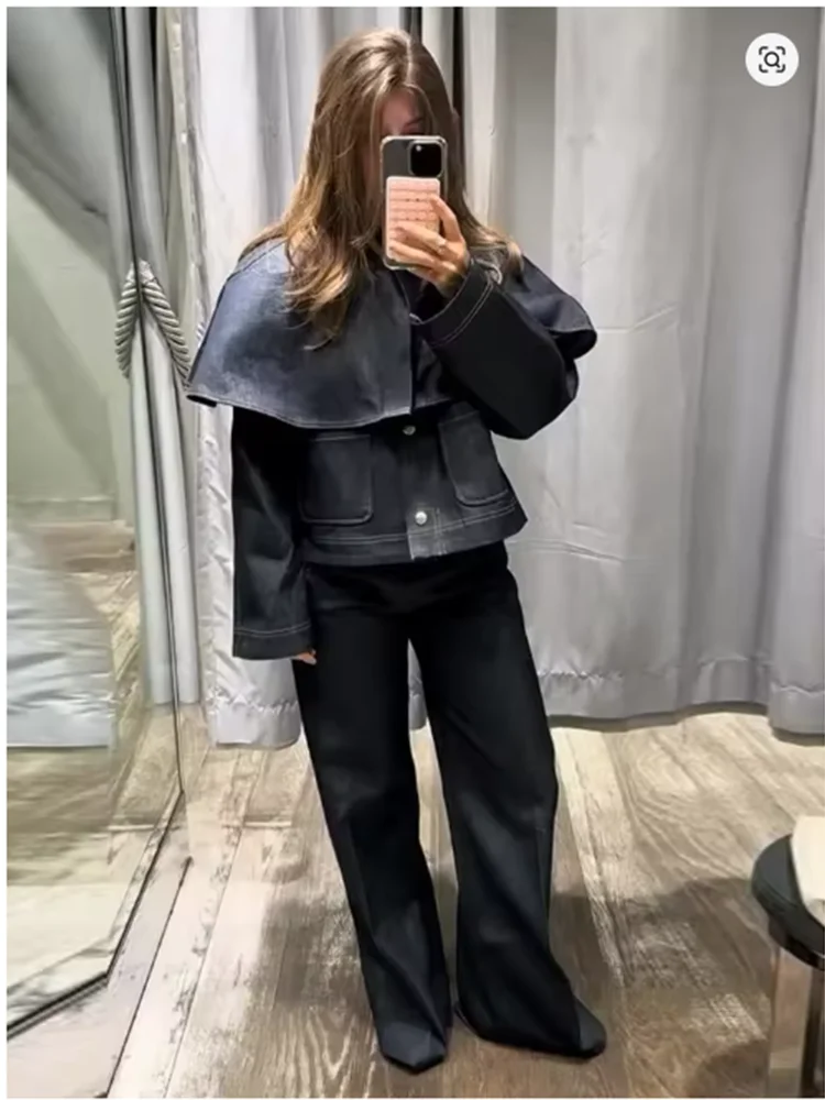 سترة نسائية أنيقة بدوره إلى أسفل طوق كم كامل واحدة الصدر الدنيم السترات النسائية 2025 الخريف ساعة سيدة الموضة أبلى #3