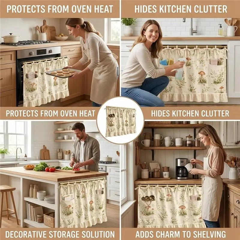 LUCKshopping Decorative Mushroom Pattern Oven Skirt Curtain, Heat-Resistant Design, For Door With Pockets, 60X45 Cm Size