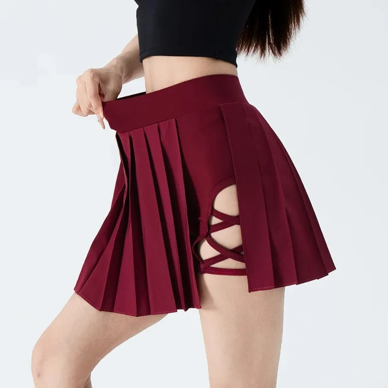Tennis Skirts with Pocket Shorts Gym Bandage Cross Running Sport Pleated Pantskirt Fitness High Waist Running Yoga Skort