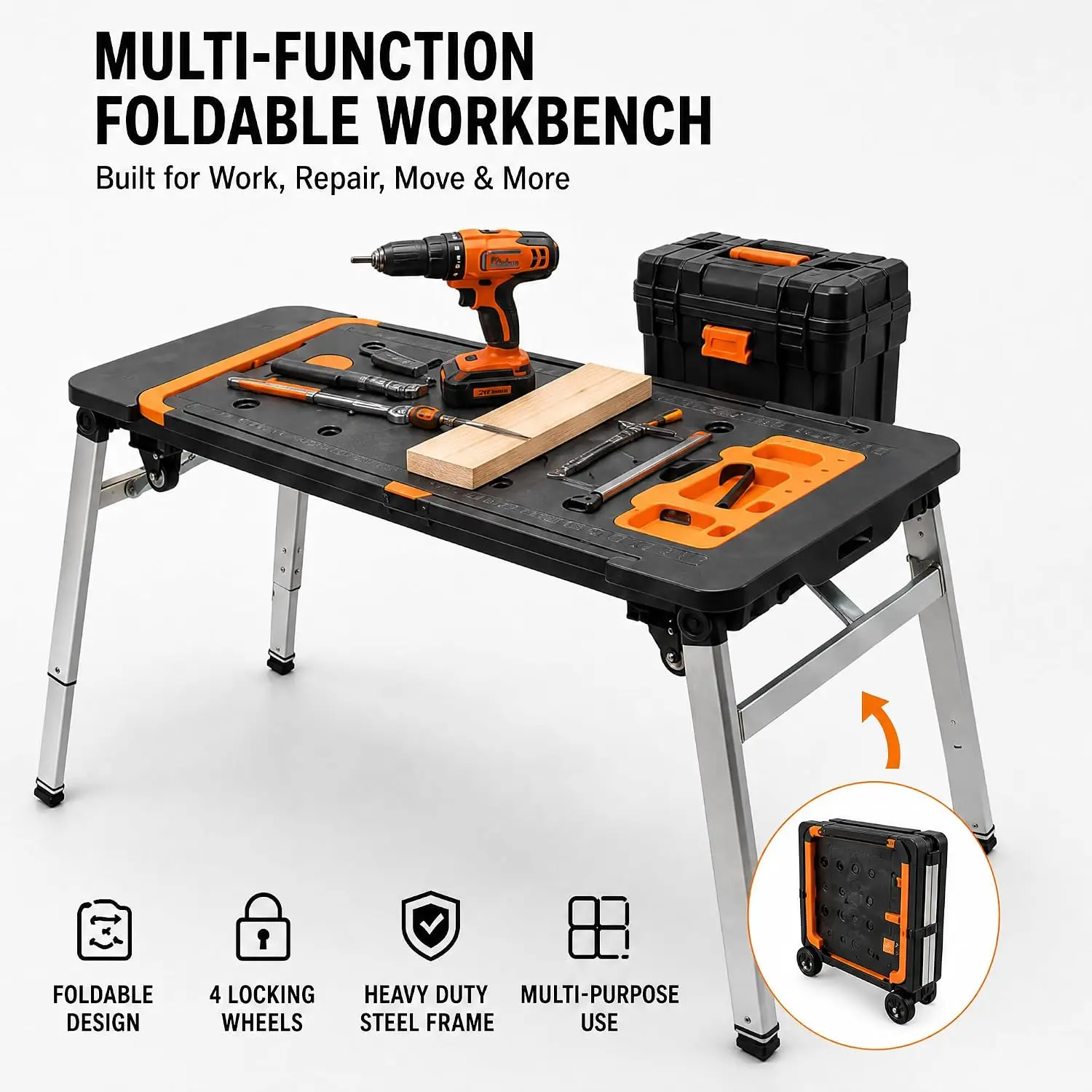 Portable Folding Workbench 7 In 1 Sawhorse Scaffold Platform Creeper Dolly Hand Truck Adjustable Heights Braked Wheels