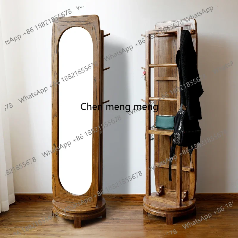 Old elm solid wood mirror multi-angle rotating floor storage home full body bracket mirror