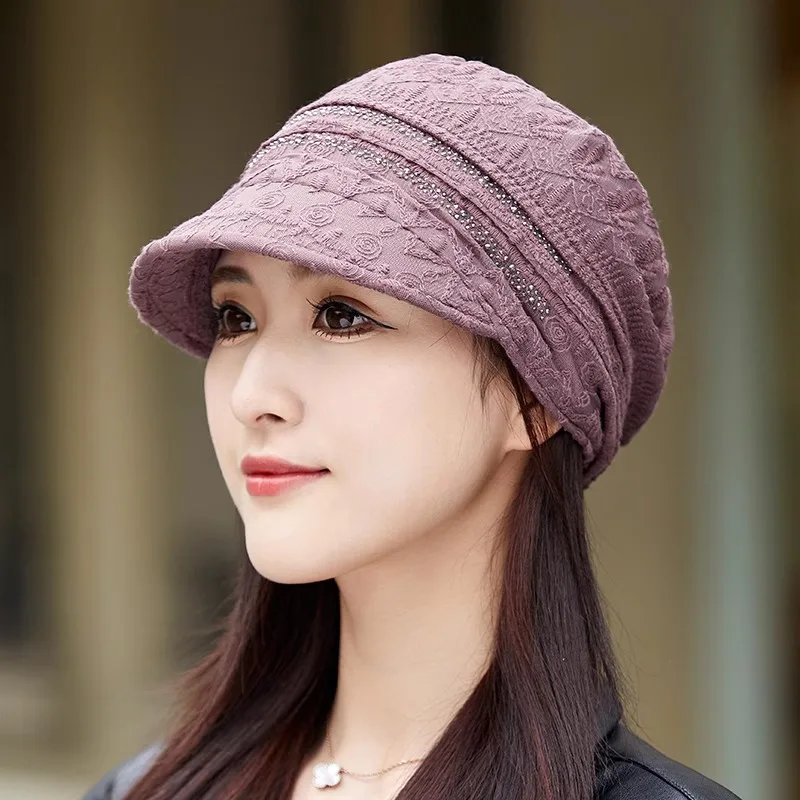 Lace Breathable Short Brim Bonnets for Women Loose Crochet Women Baseball Cap Autumn Winter Foldable Earflap Hats