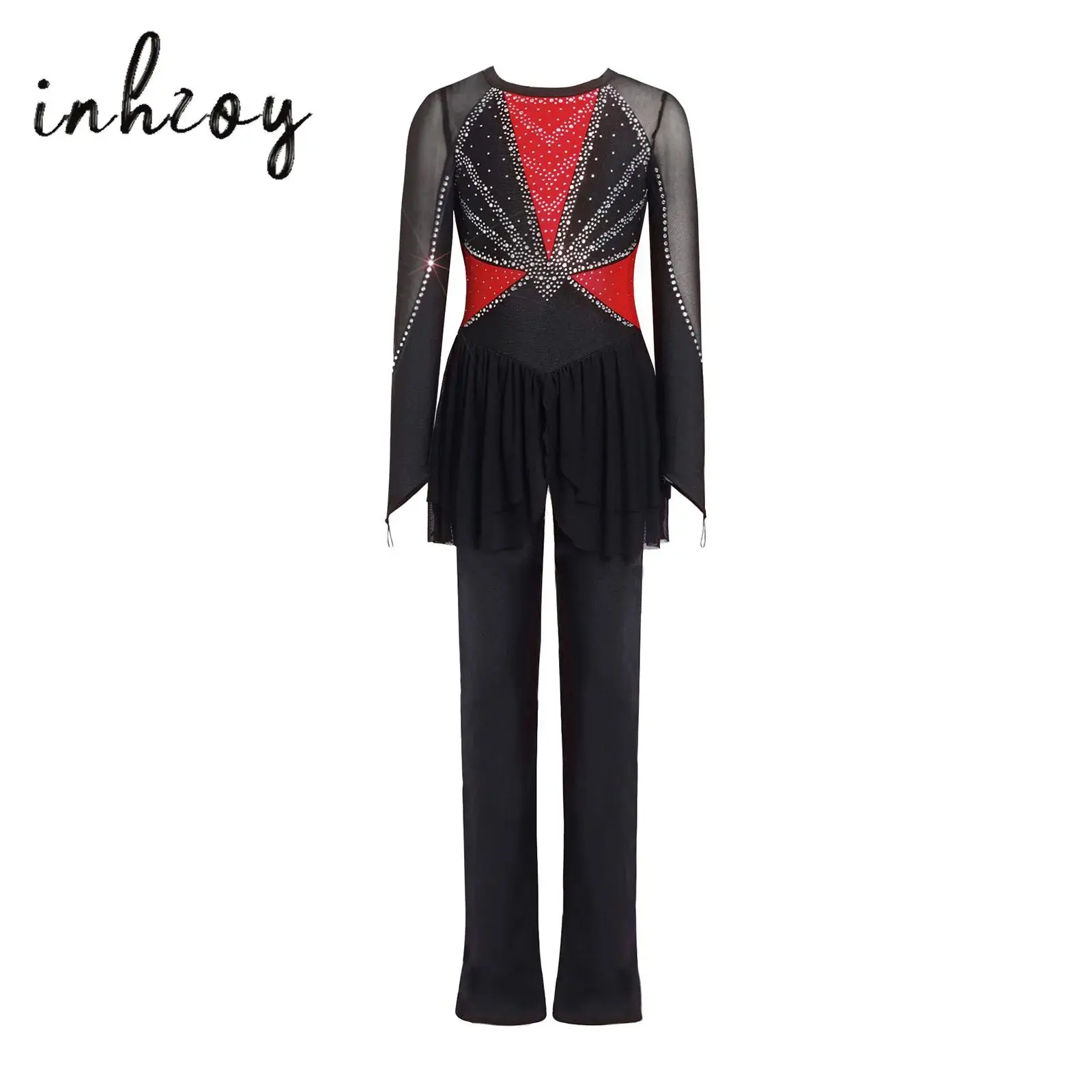 キッズガールズフィギュアスケートスカート付きジャンプスーツドレス長袖ラインストーンワークアウトカラーブロックフルボディスーツパフォーマンス服