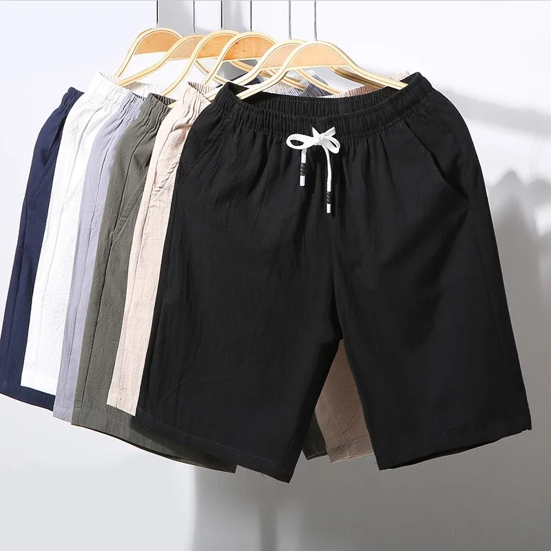 Man's short pants keen length Casual Linen Trousers 2026 New fashion M-7XL large size fit man white black pluse size outside