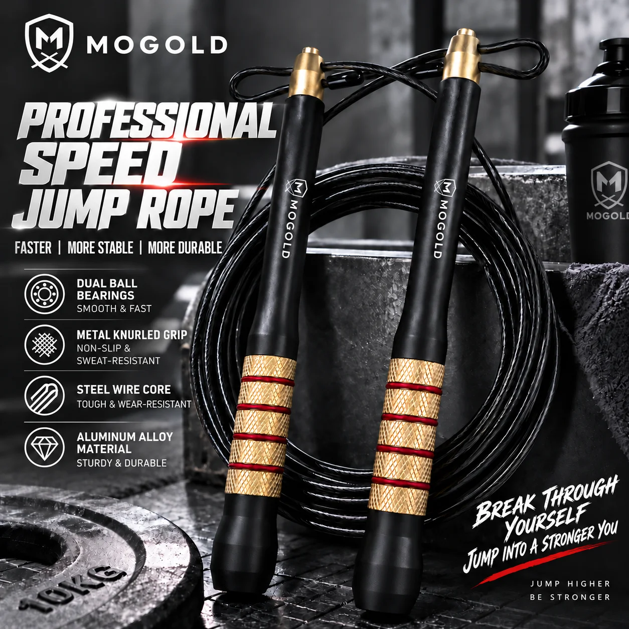 MOGOLD Professional Speed Jump Rope, Aluminum Alloy Dual Ball Bearings, Steel Wire Anti-Slip Handle, High-Intensity Fitness Fat-