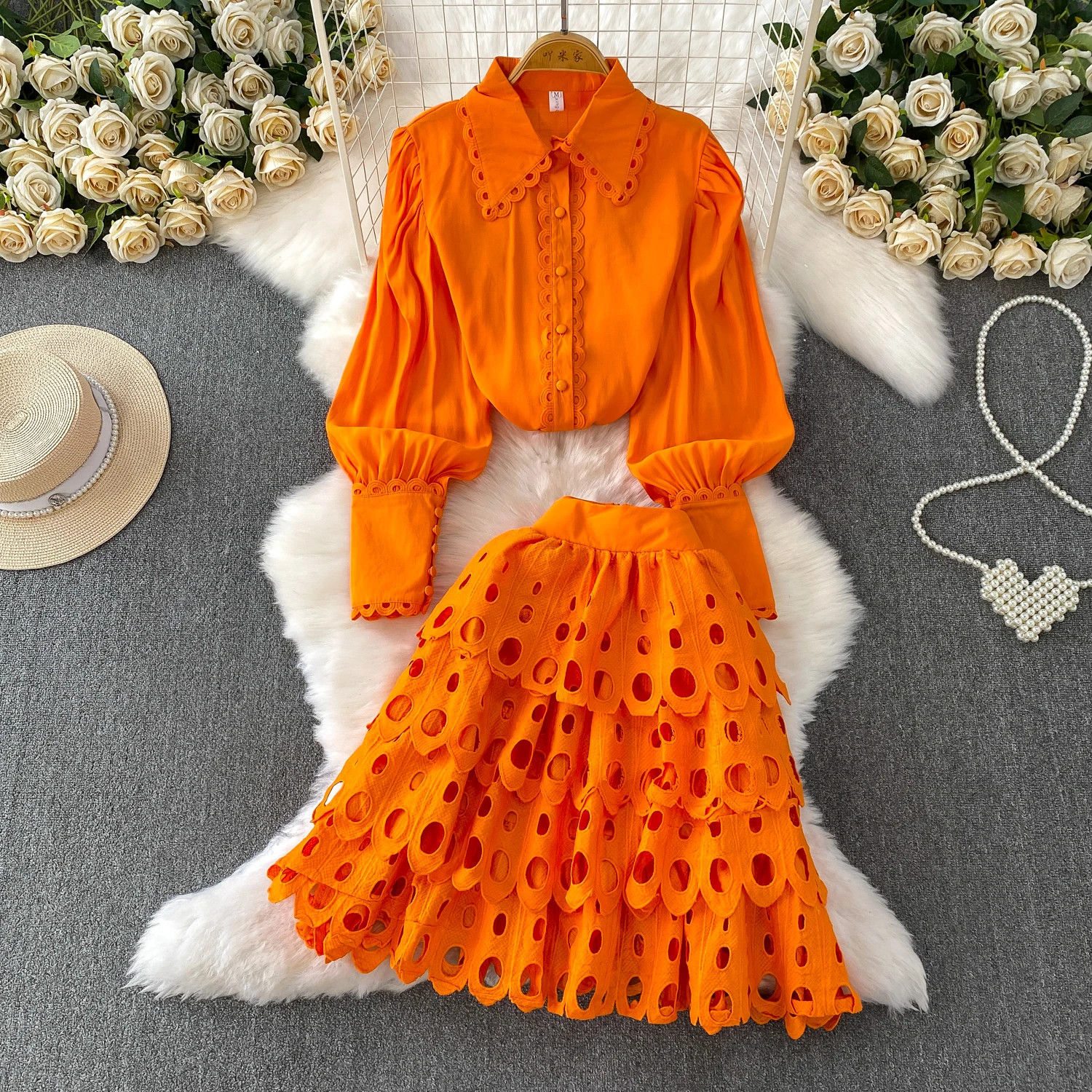 

Autumn New Skirt Two-piece Set Lapel Lantern Sleeves A-line Hollowed Out Cake Skirts Suit French Elegant High Street Women Sets