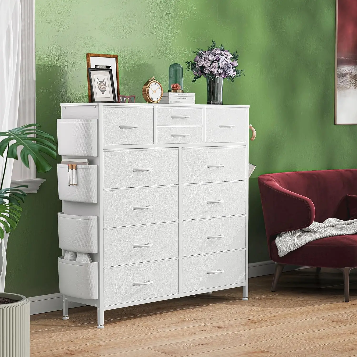 for Bedroom with 12 Drawers, Chest of Drawers with Side Pockets and Hooks, PU Fabric Dresser Drawers for Living Room, Hallway, E