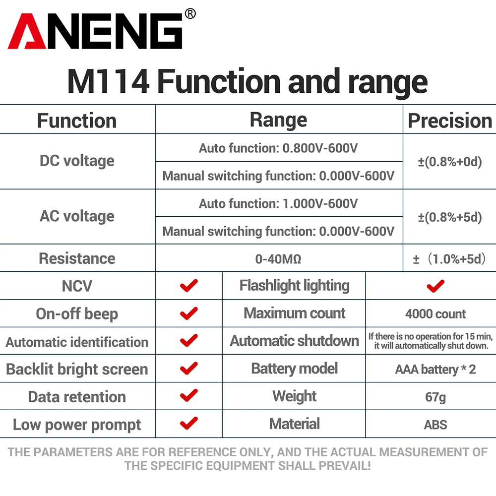 ANENG Mini Smart Digital Multimeter Profesional Tester Auto NCV Resistance Beep M114+BT173 Battery Tester Electrician Kit Tools
